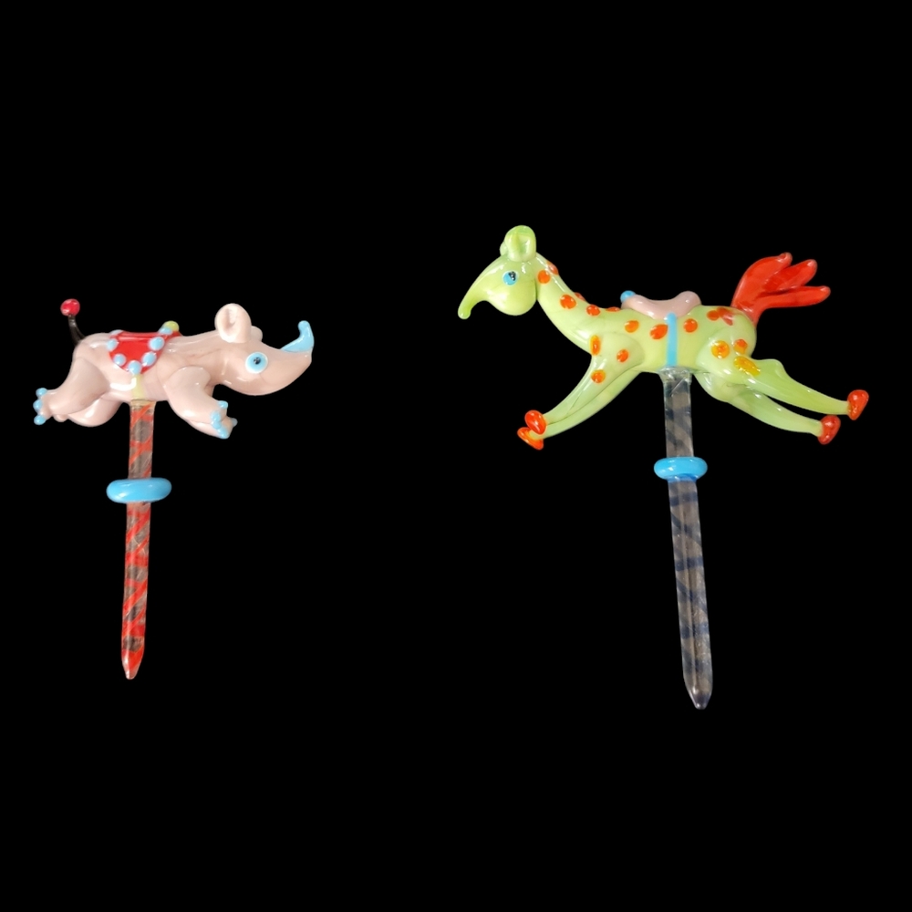 Art Glass Whimsical & Colorful Animal Birthday Candle Holders Set of 2 PRE-LOVED